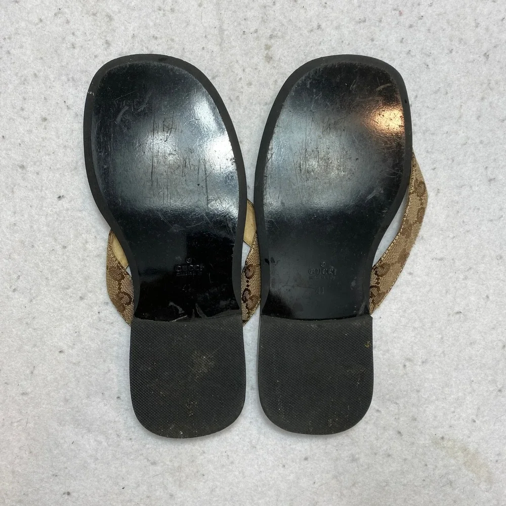 Gucci Sandals Mens 41 Black Brown Iconic GG Monogram Canvas Thong Flip Flop - Picture 9 of 11